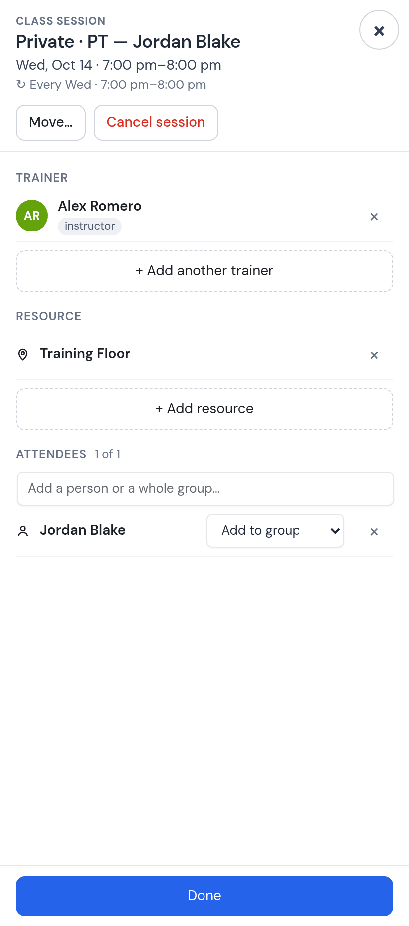 Class session panel Private · PT — Jordan Blake, Wednesday October 14, 7:00 to 8:00 pm, every Wednesday: trainer Alex Romero, resource Training Floor, attendees 1 of 1, Jordan Blake