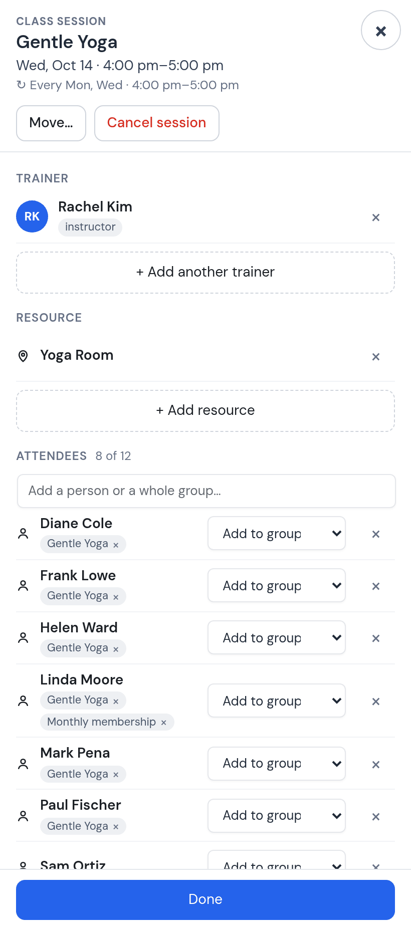 Class session Gentle Yoga, Wednesday October 14: Rachel Kim, Yoga Room, attendees 8 of 12 with Sam Ortiz added