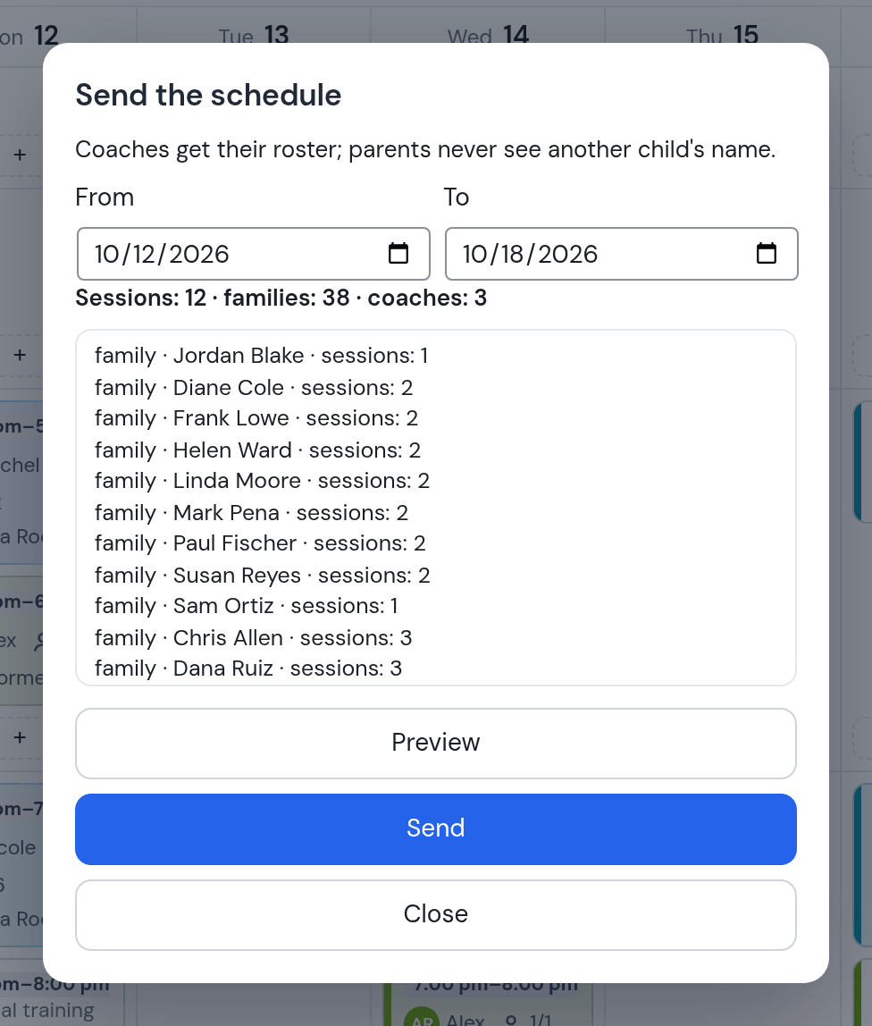 Send the schedule dialog: from October 12 to October 18, 2026; Sessions 12, families 38, coaches 3; the list of clients with their number of sessions; Preview, Send, Close