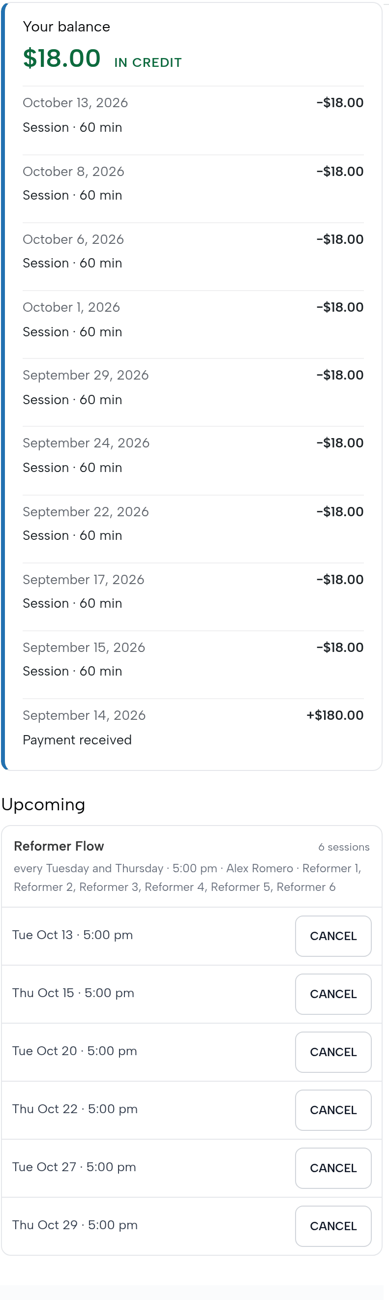 Tom Becker's account page: Your balance $18.00 in credit; classes of 60 minutes at $18.00 from September 15 to October 13 and a payment received of $180.00 on September 14; Upcoming: Reformer Flow, every Tuesday and Thursday at 5:00 pm with Alex Romero, each with Cancel