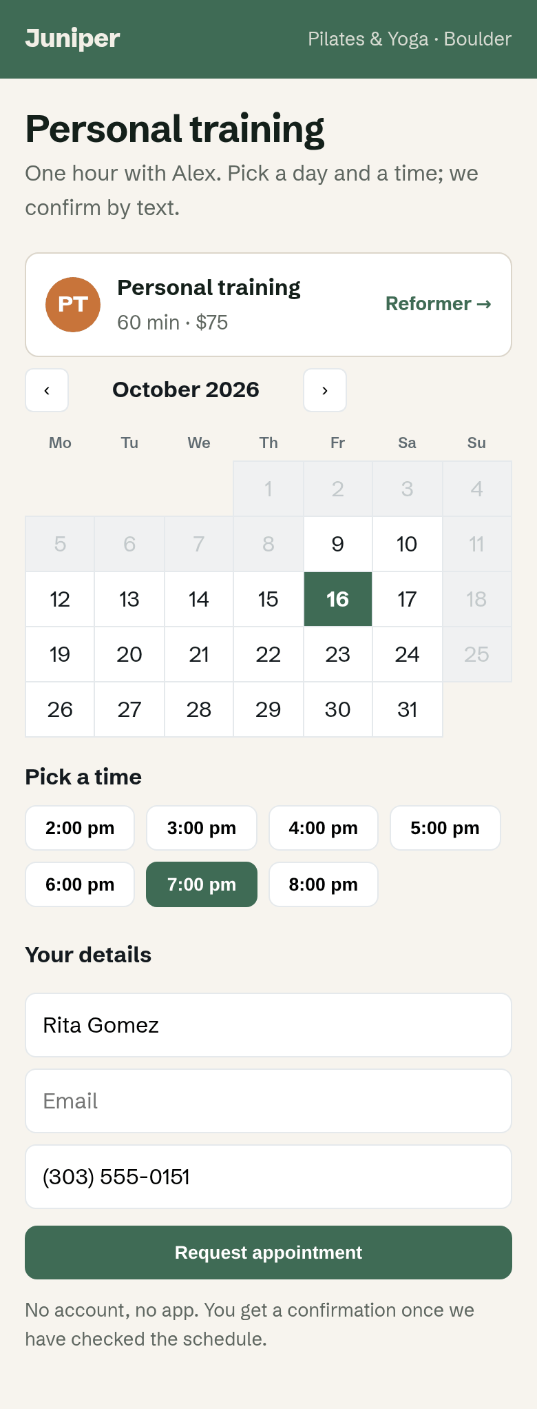The personal-training page on a phone: Personal training, 60 min, $75; October 2026 calendar with Friday 16 selected; times 2:00 pm to 8:00 pm with 7:00 pm selected; name Rita Gomez and phone (303) 555-0151; Request appointment