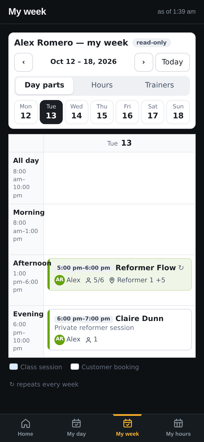 Alex's app, My week, October 12 to 18 with Tuesday 13 selected: 5:00 pm to 6:00 pm Reformer Flow, Alex, 5 of 6, Reformer 1 +5; 6:00 pm to 7:00 pm Claire Dunn, Private reformer session
