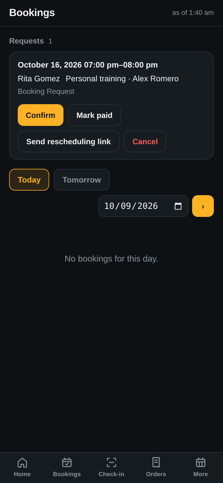 The owner's app, Bookings: Requests 1, October 16, 2026 7:00 pm to 8:00 pm, Rita Gomez, Personal training, Alex Romero, Booking Request, with Confirm, Mark paid, Send rescheduling link and Cancel