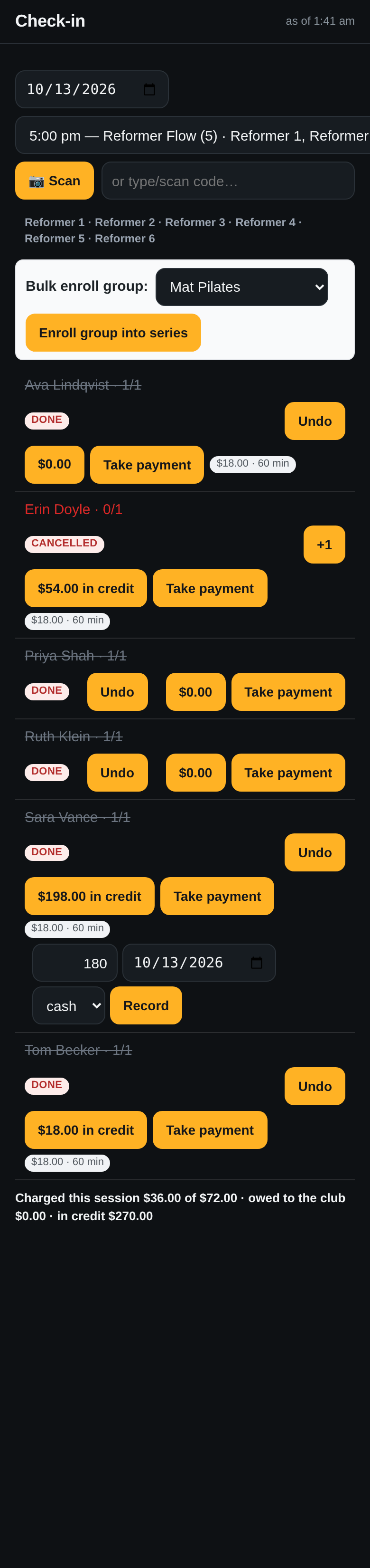 Sara Vance's row with the payment box open: amount 180, date October 13, 2026, cash, Record