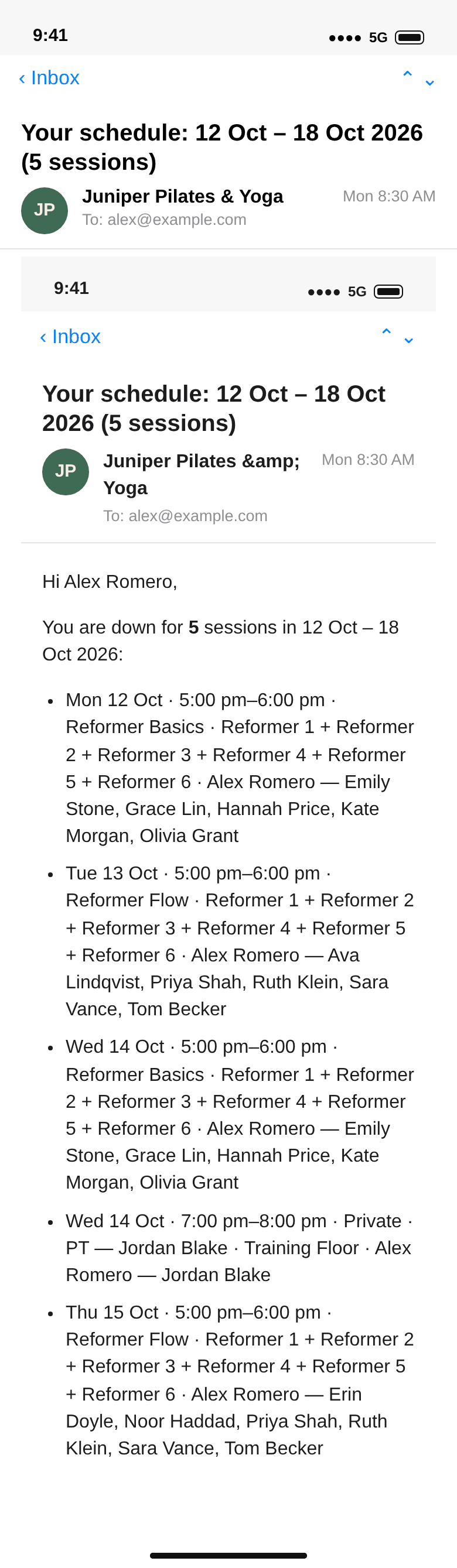 E-mail to alex@example.com, Your schedule: 12 Oct – 18 Oct 2026 (5 sessions): Reformer Basics on Monday and Wednesday, Reformer Flow on Tuesday and Thursday, each with the reformers and the names, and Wednesday 7 pm Private PT Jordan Blake on the Training Floor