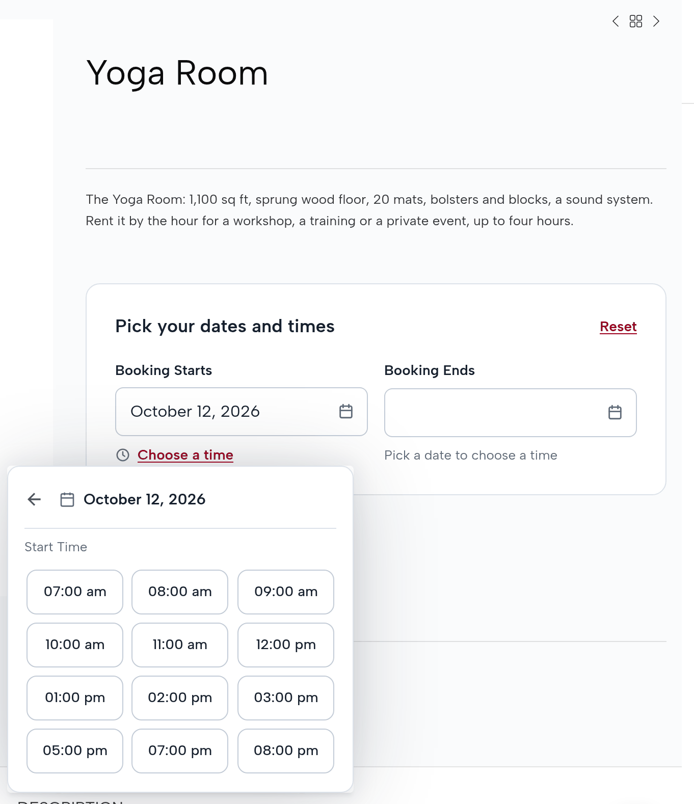Yoga Room product page, booking starts October 12, 2026, the start time list open: 07:00 am to 03:00 pm, 05:00 pm, 07:00 pm and 08:00 pm; 04:00 pm and 06:00 pm are missing