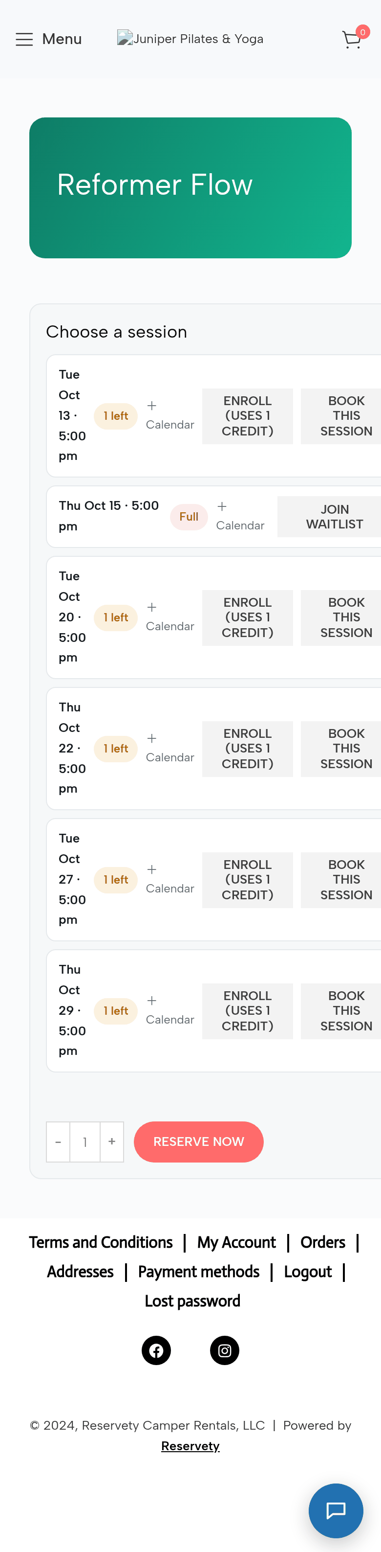 The same page for a member: Tue Oct 13 5:00 pm 1 left with Enroll (uses 1 credit) and Book this session; Thu Oct 15 Full with Join waitlist; later sessions with Enroll