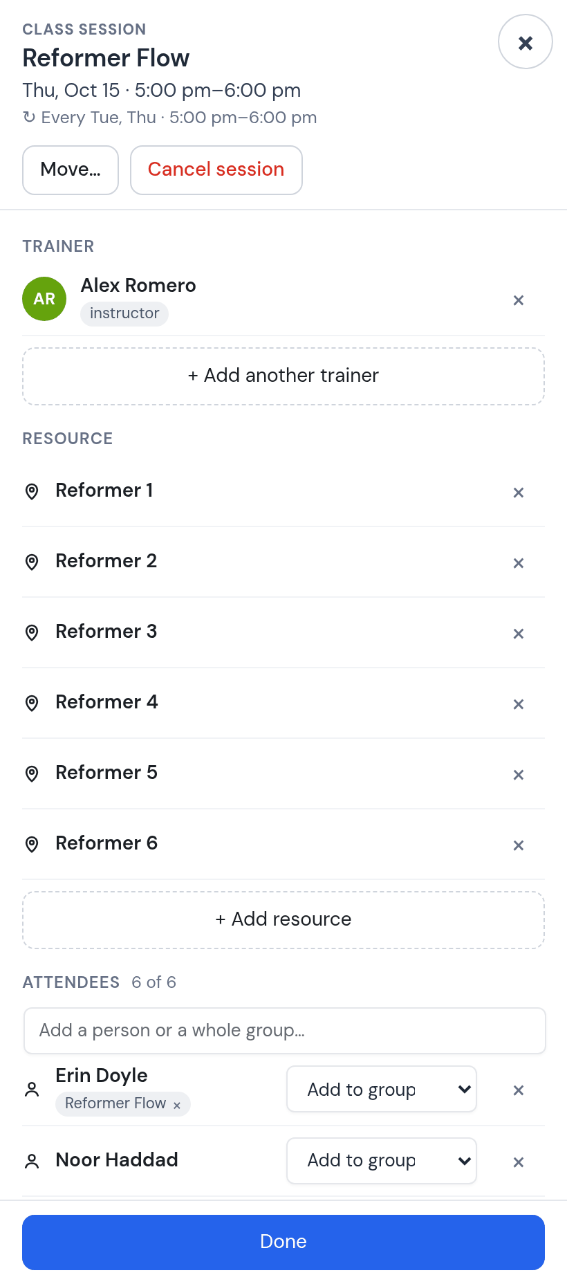 Class session panel of Reformer Flow, Thursday October 15, 5:00 to 6:00 pm, every Tue and Thu: trainer Alex Romero; resources Reformer 1, Reformer 2, Reformer 3, Reformer 4, Reformer 5, Reformer 6; attendees 6 of 6