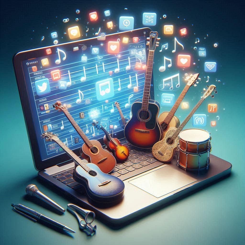 Laptop, social media icons, and musical instruments