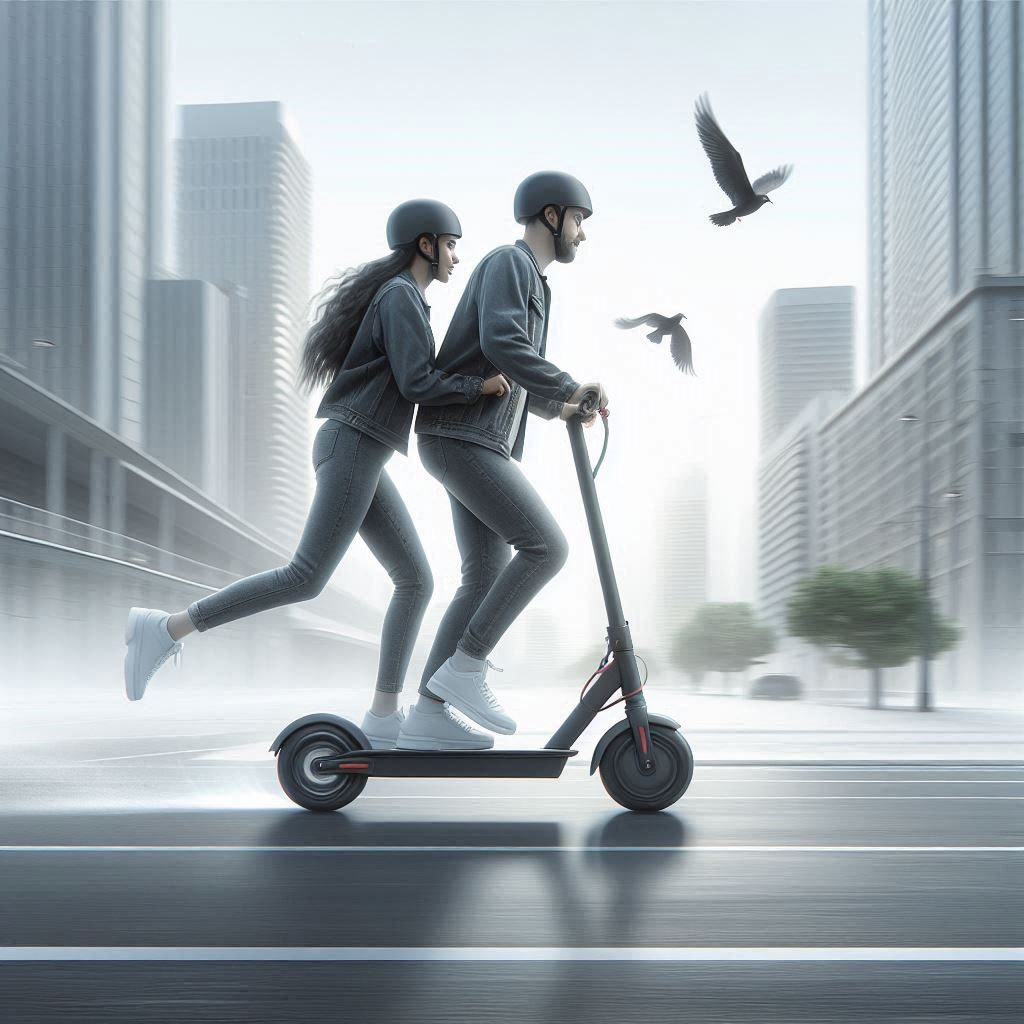 Two people riding an electric scooter