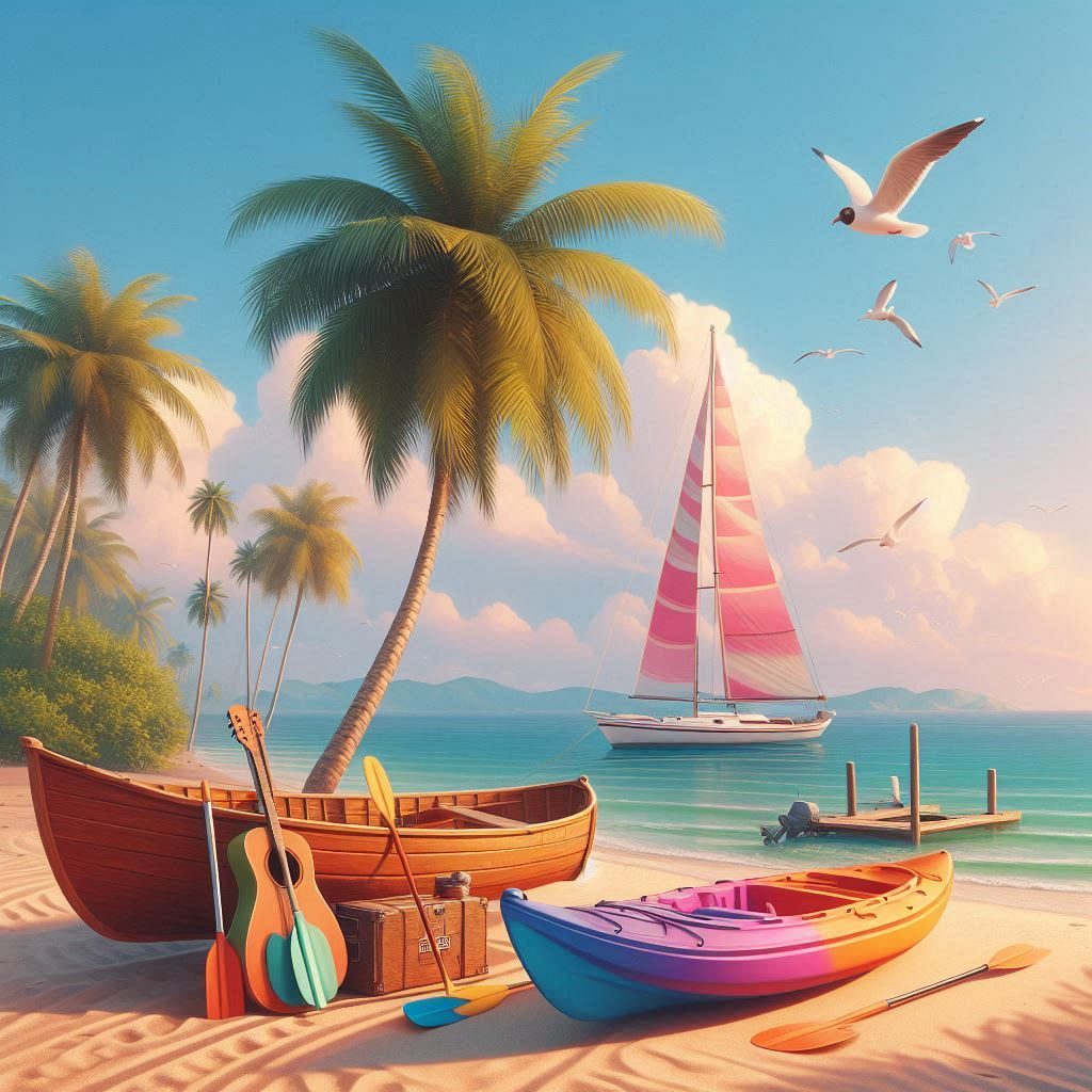 boat, kayak, and guitar on the beach