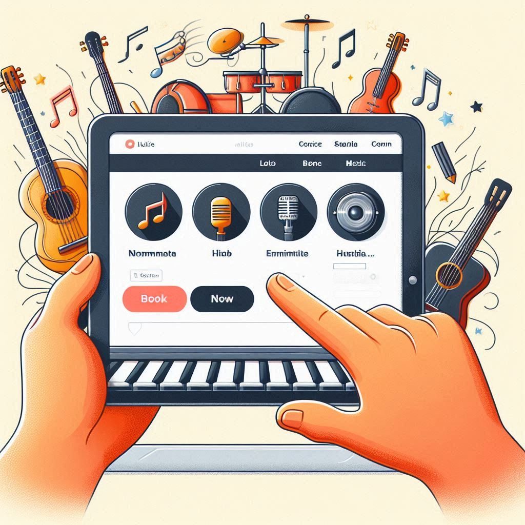 A tablet with book now button and images of musical instruments