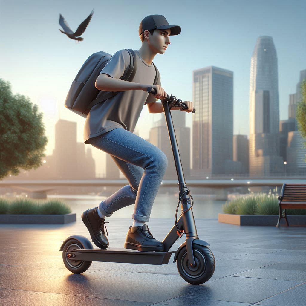 A young boy riding an electric scooter