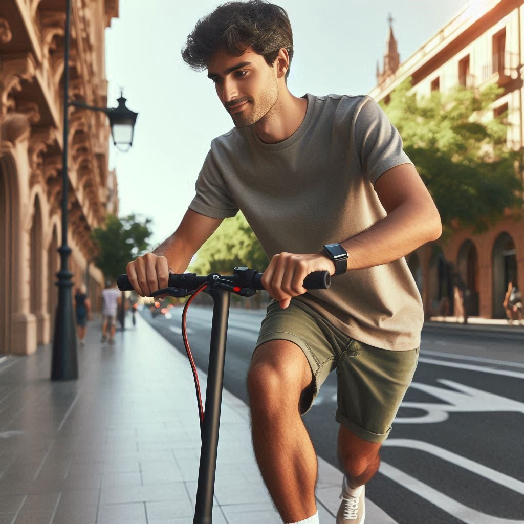 A person with an electric scooter at the building