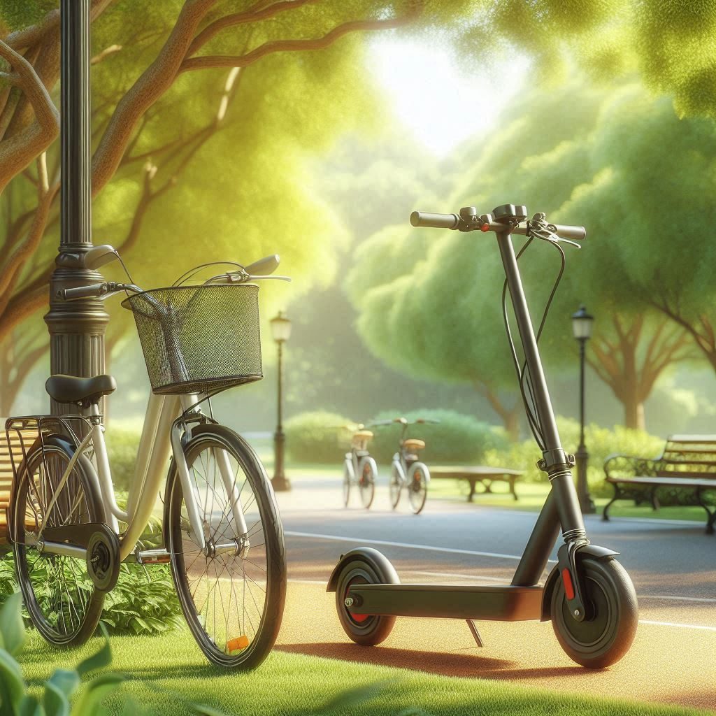 a bicycle and scooter is parked in a nice park