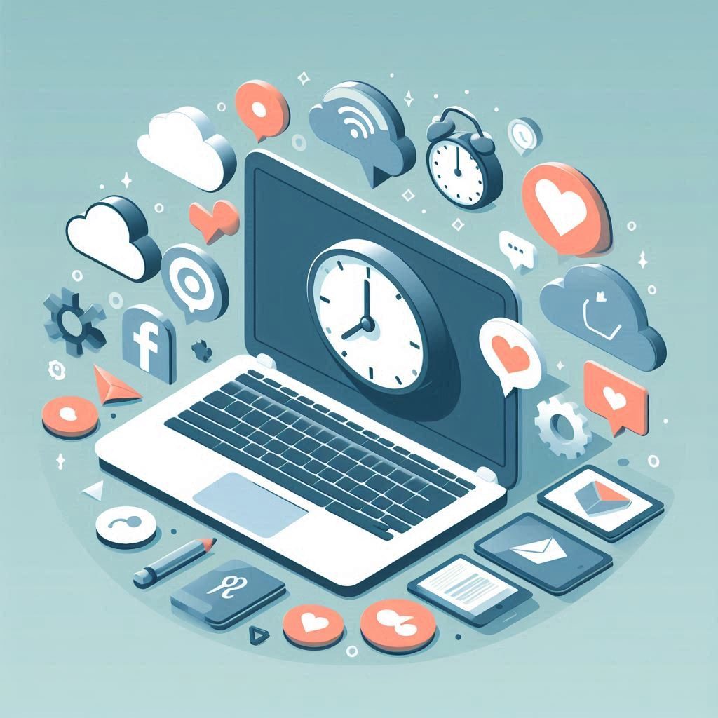 Laptop, clock, and social media icons