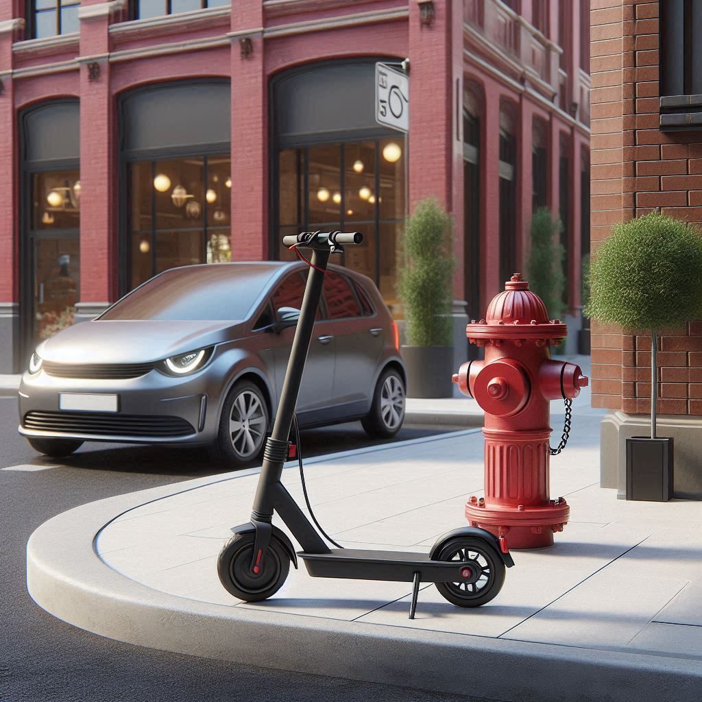 A scooter parked next to a fire hydrant