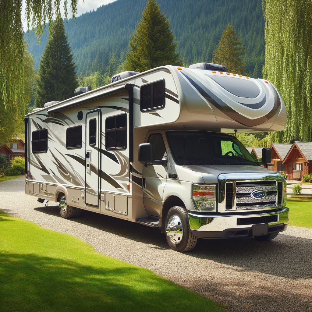 an RV parked in a nice park