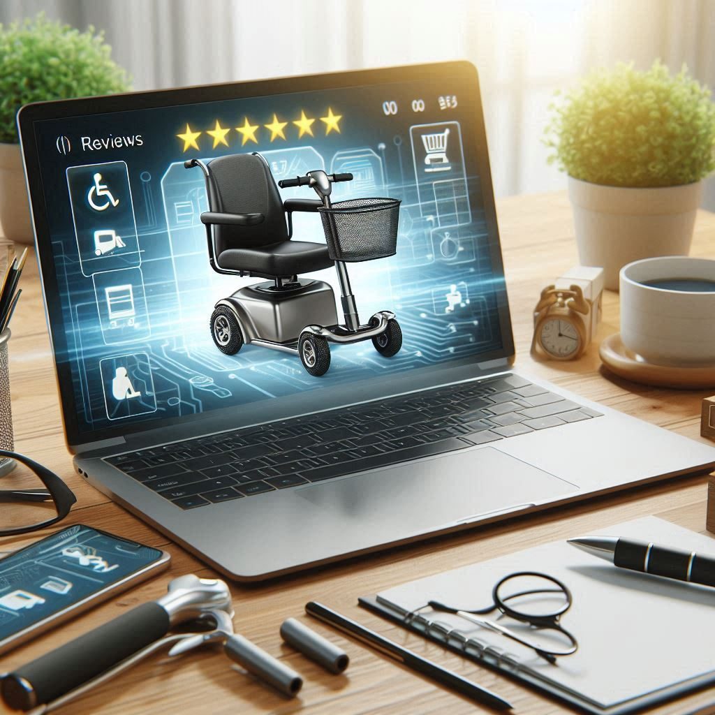 A laptop displaying a mobility scooter and a review