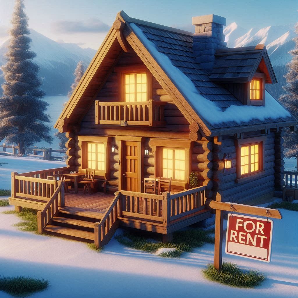 A cabin with a For Rent sign