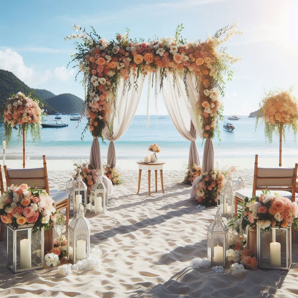 wedding arches and flower decors on the beach