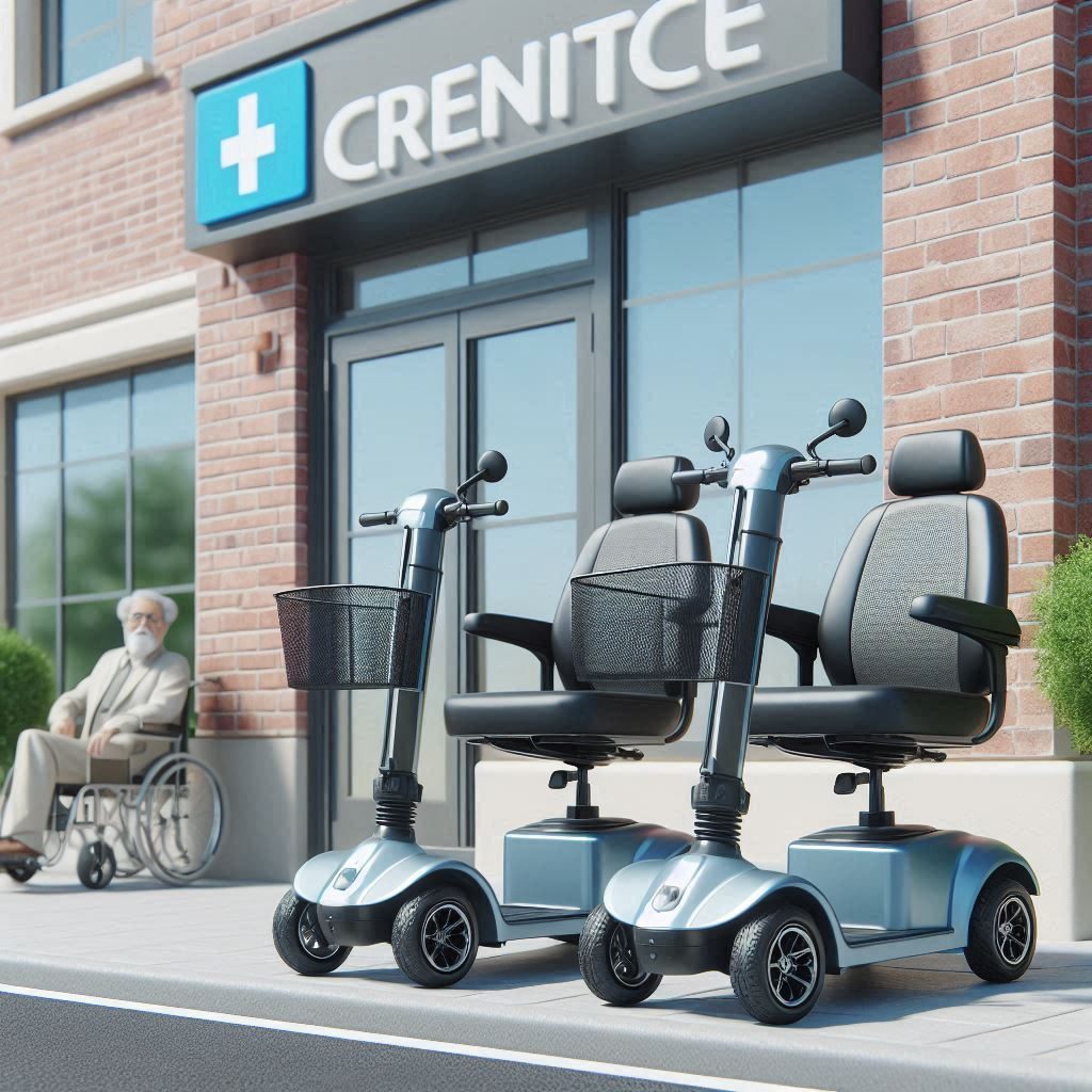 Mobility scooters parked outside of a clinic