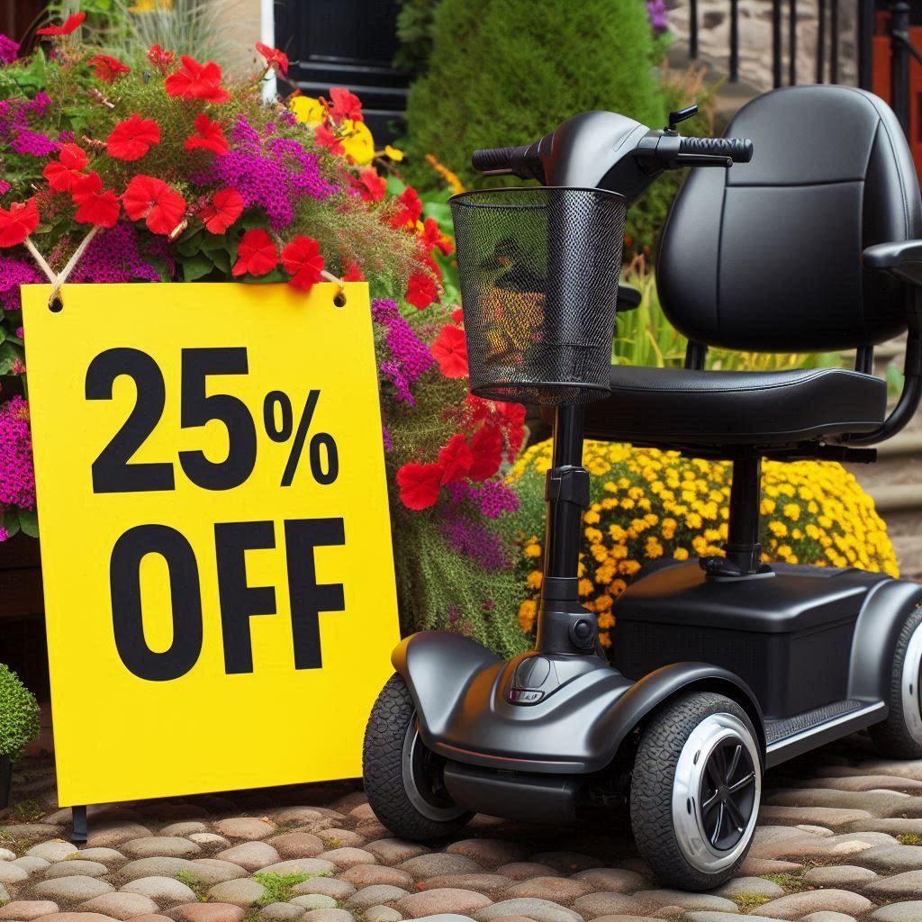 A mobility scooter with a 25% OFF sign