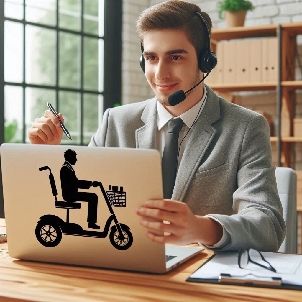 A customer support representative sitting with a headset in front of a laptop