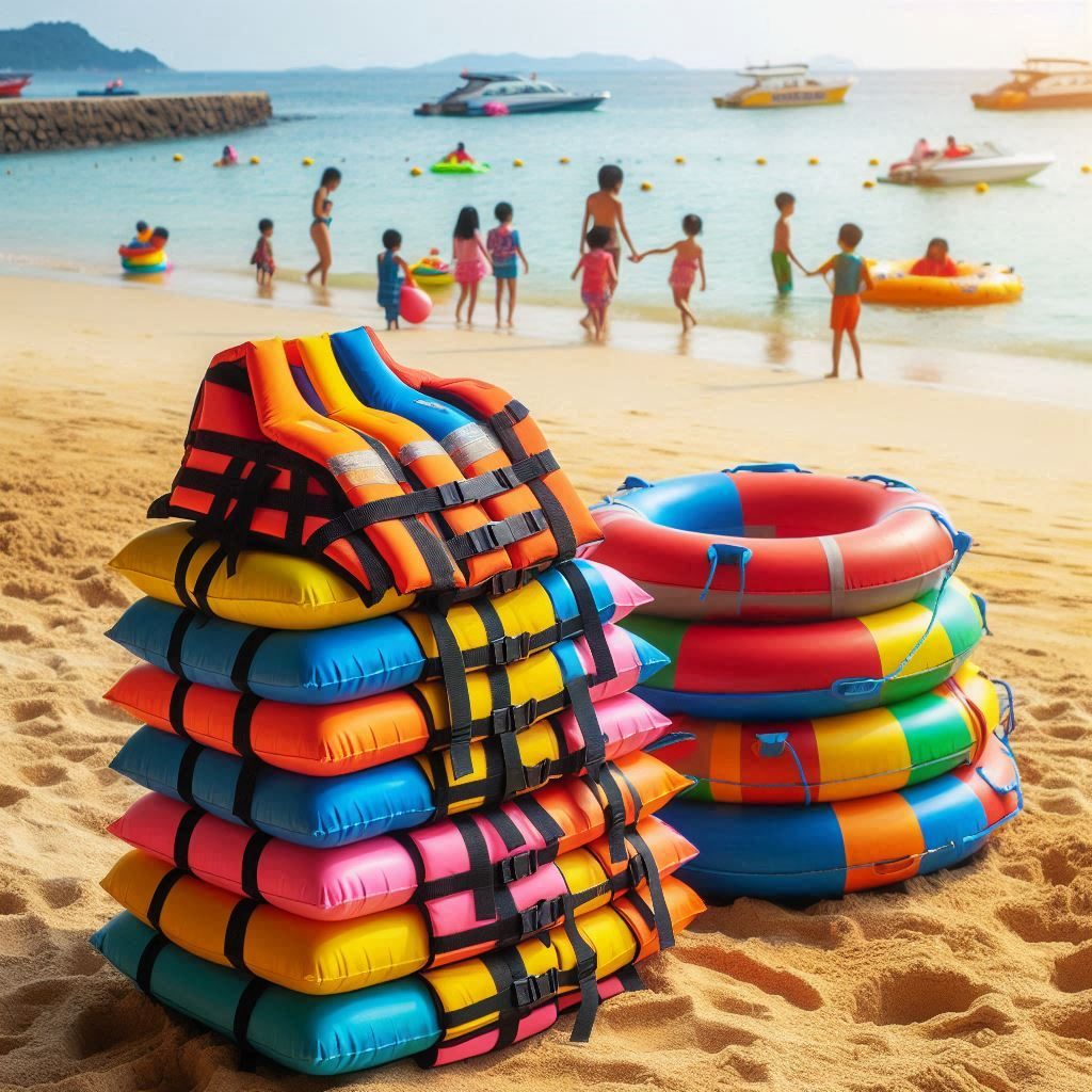 life jackets and tubes on the beach