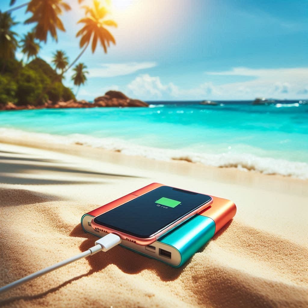 power-bank and phone on the beach 