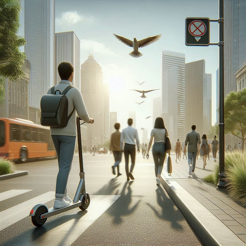 a person riding an electric scooter near pedestrians