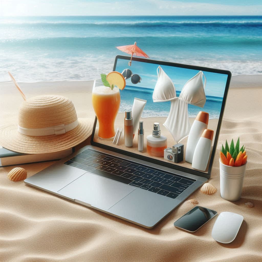 A laptop displaying sellable items on the beach