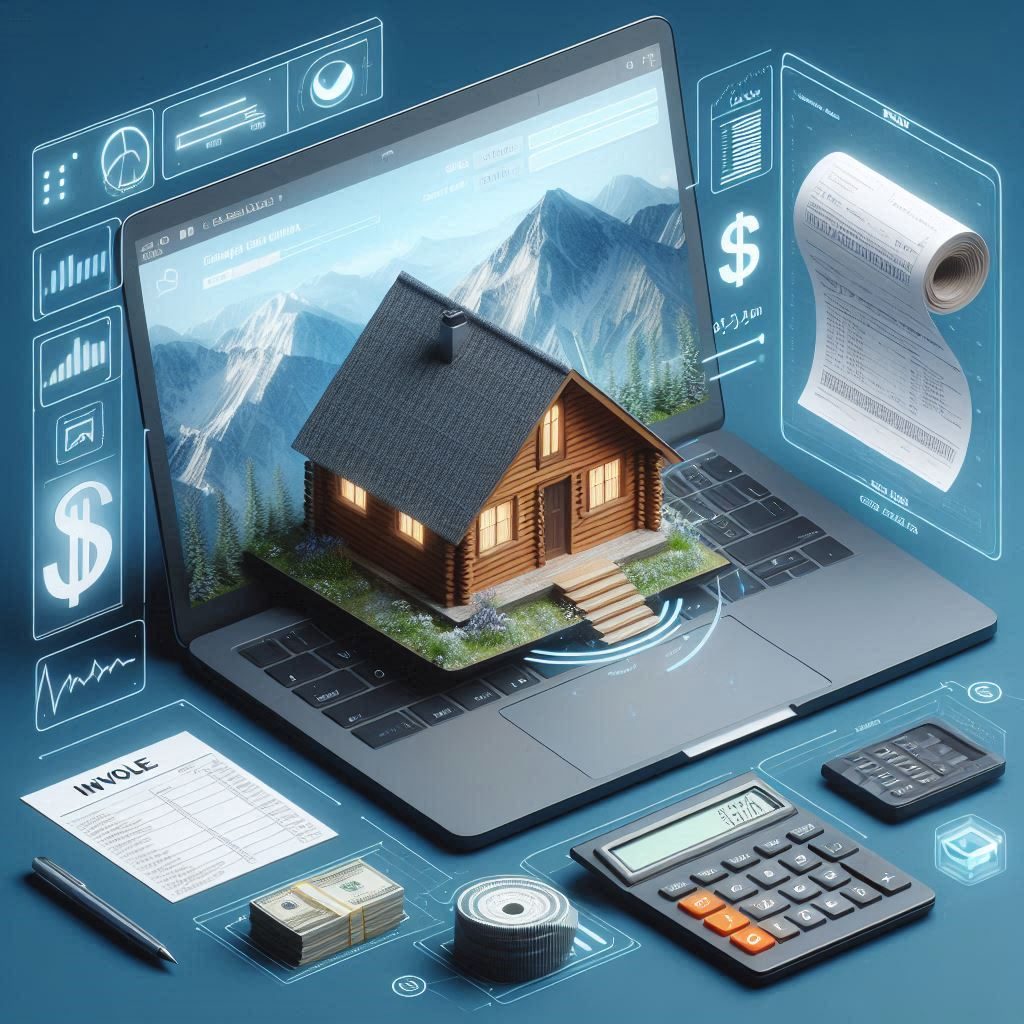 A laptop, invoice, a cabin, and calculator