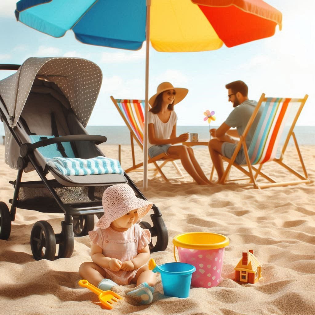 a child is playing on the beach and her parents are seating on the chair on the beach