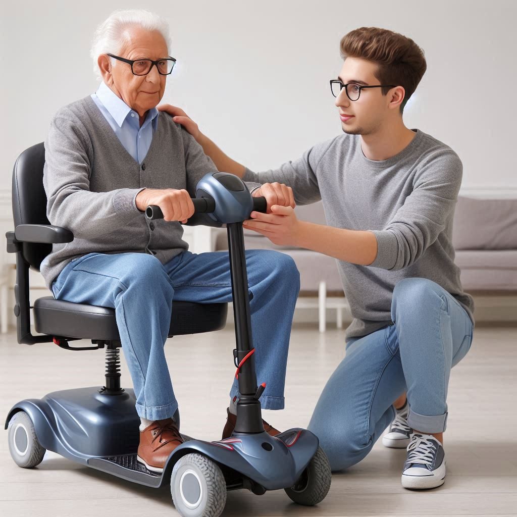A person training older person how to ride a mobility scooter