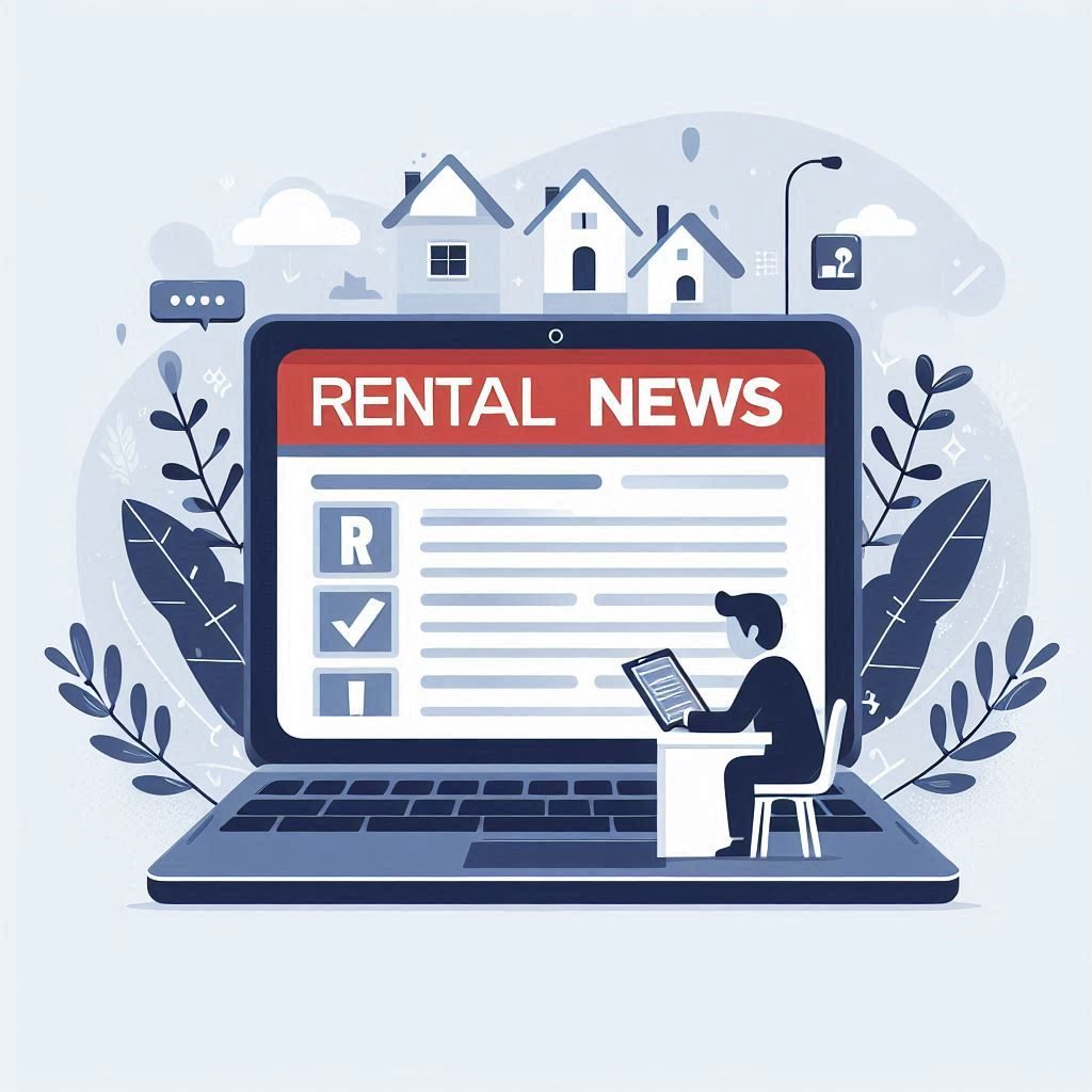 A laptop showing rental news sign