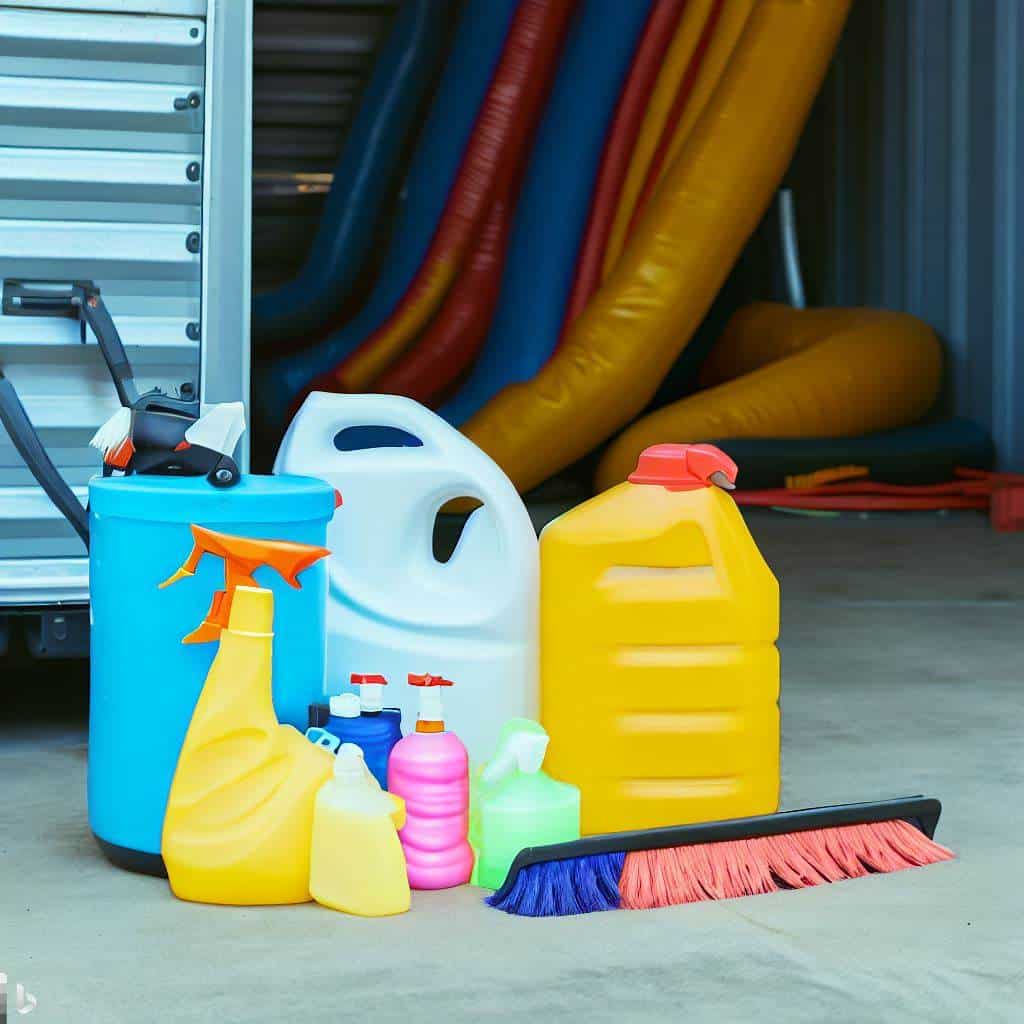 cleaning supplies next to inflatable playgrounds