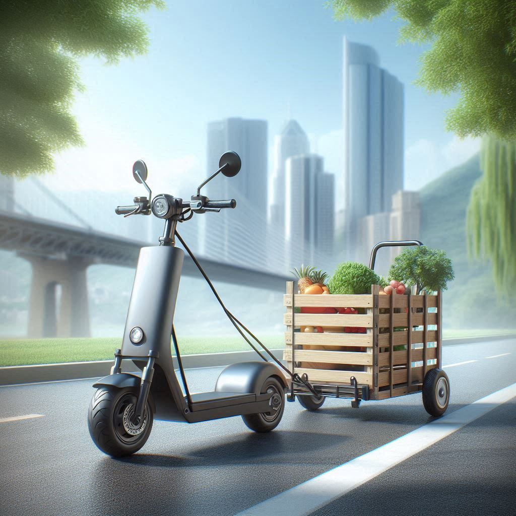 An electric scooter towing a small cart