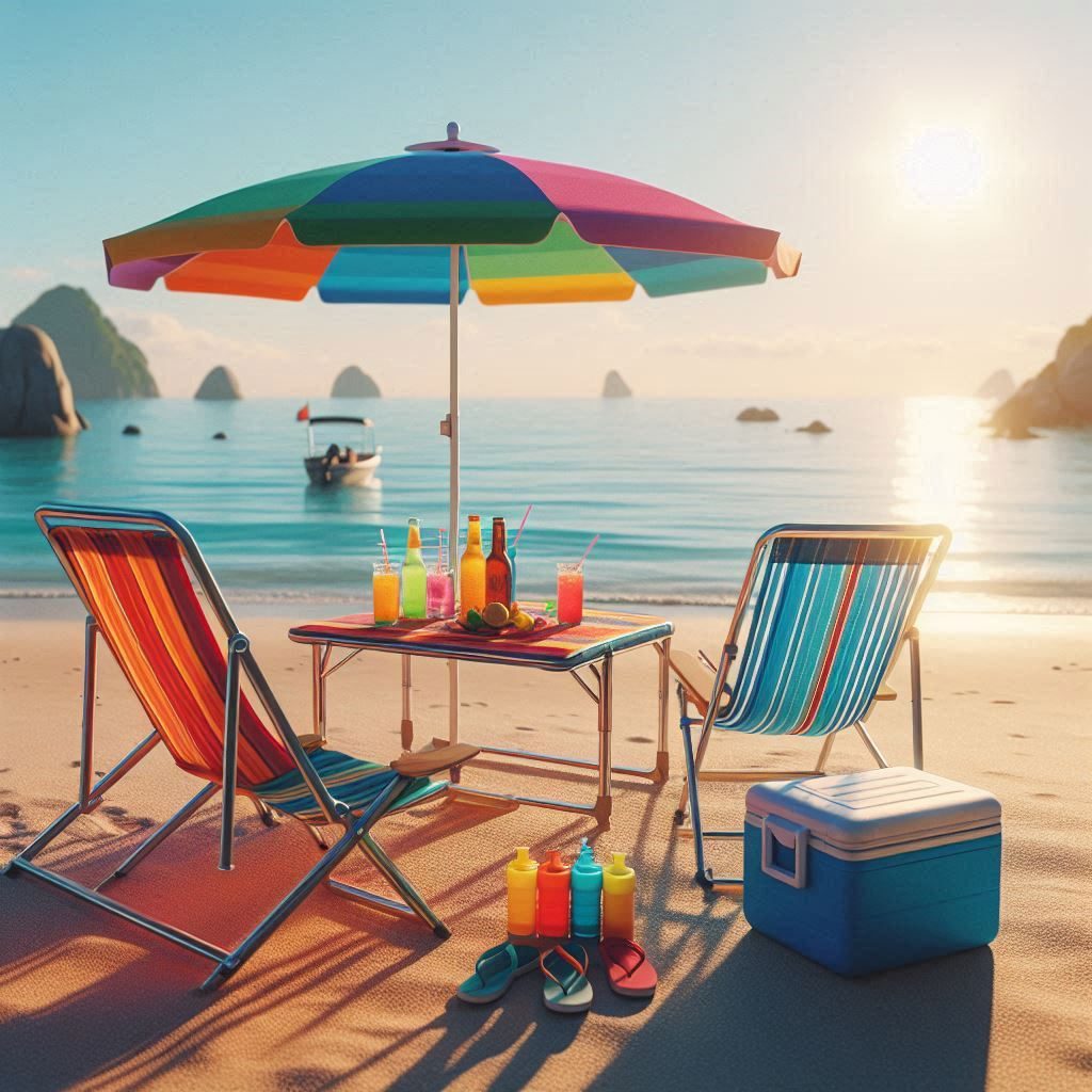 table, chairs, and an umbrella on the beach