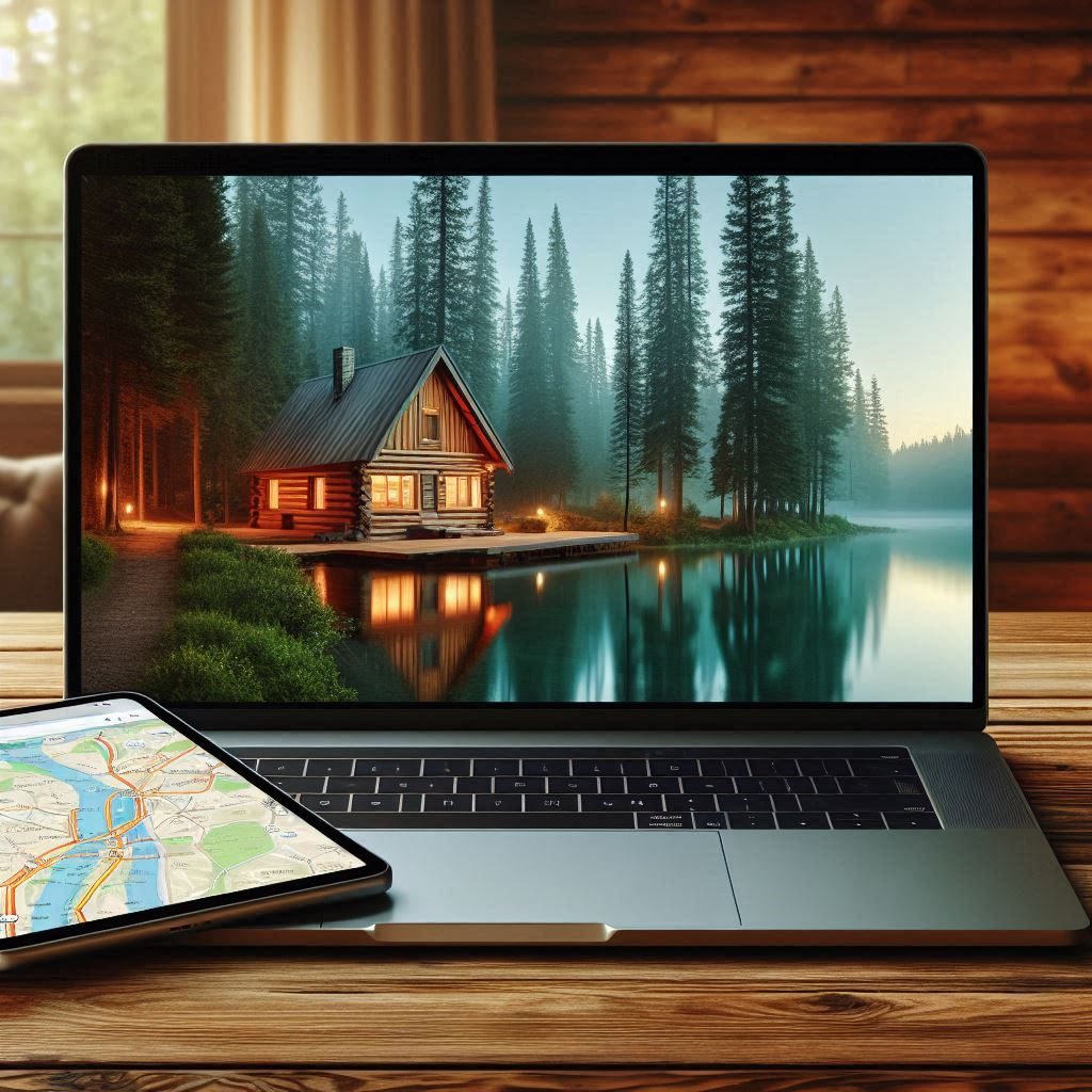 A map and laptop showing a cabin