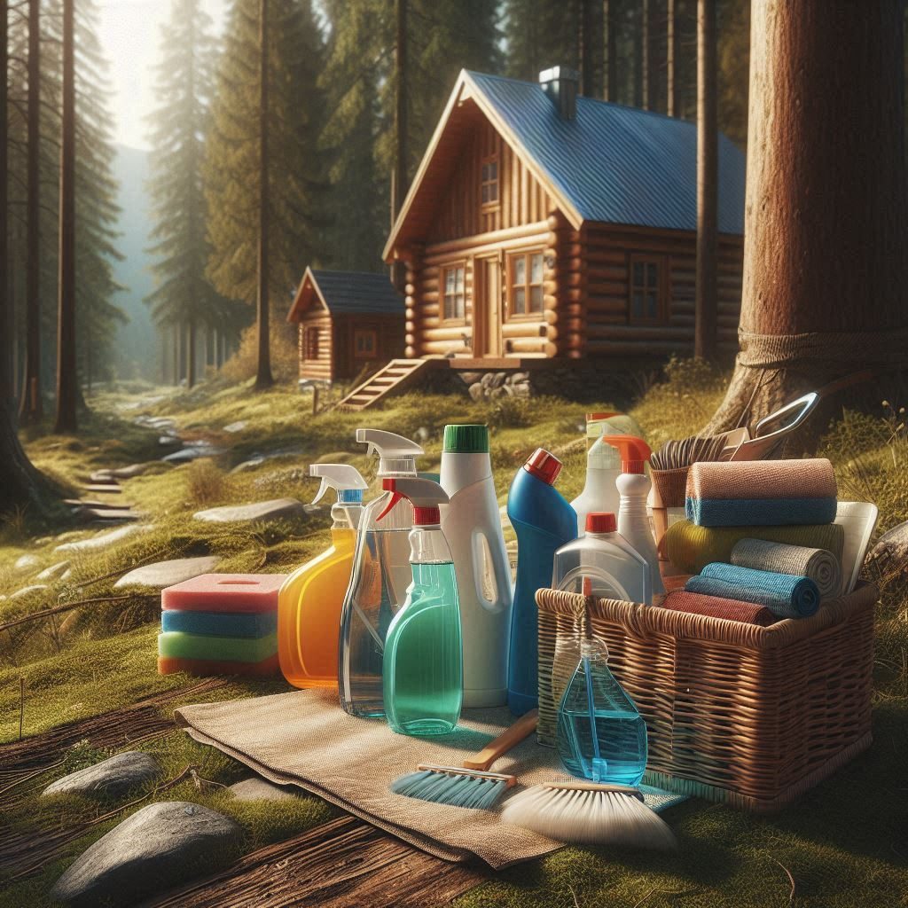 Cleaning supplies in the woods near a cabin