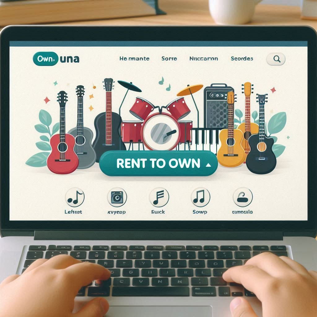 Displaying musical instruments with "rent to own" sign