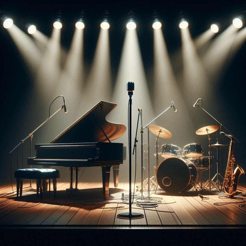 An empty stage with musical instruments
