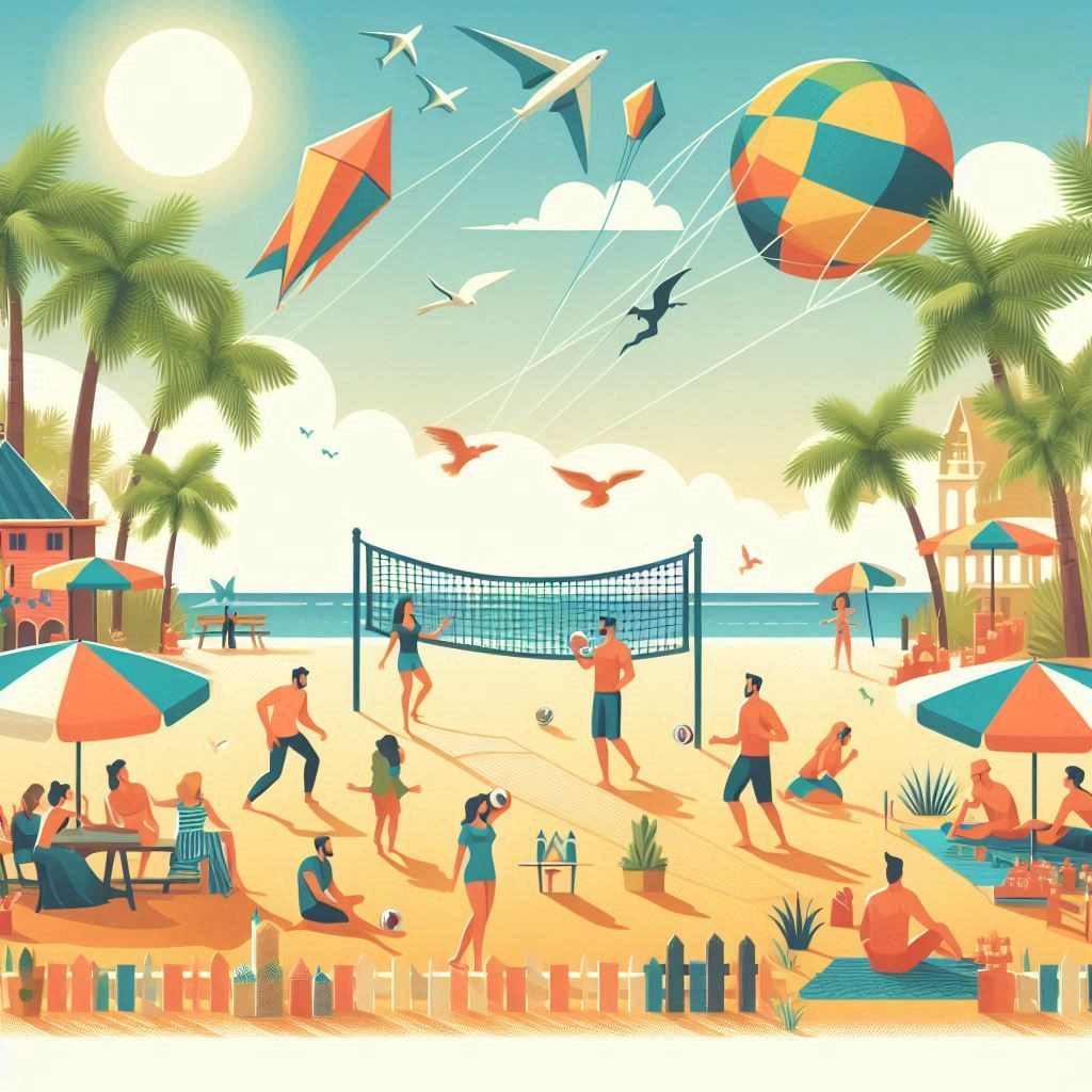 people playing various games on the beach