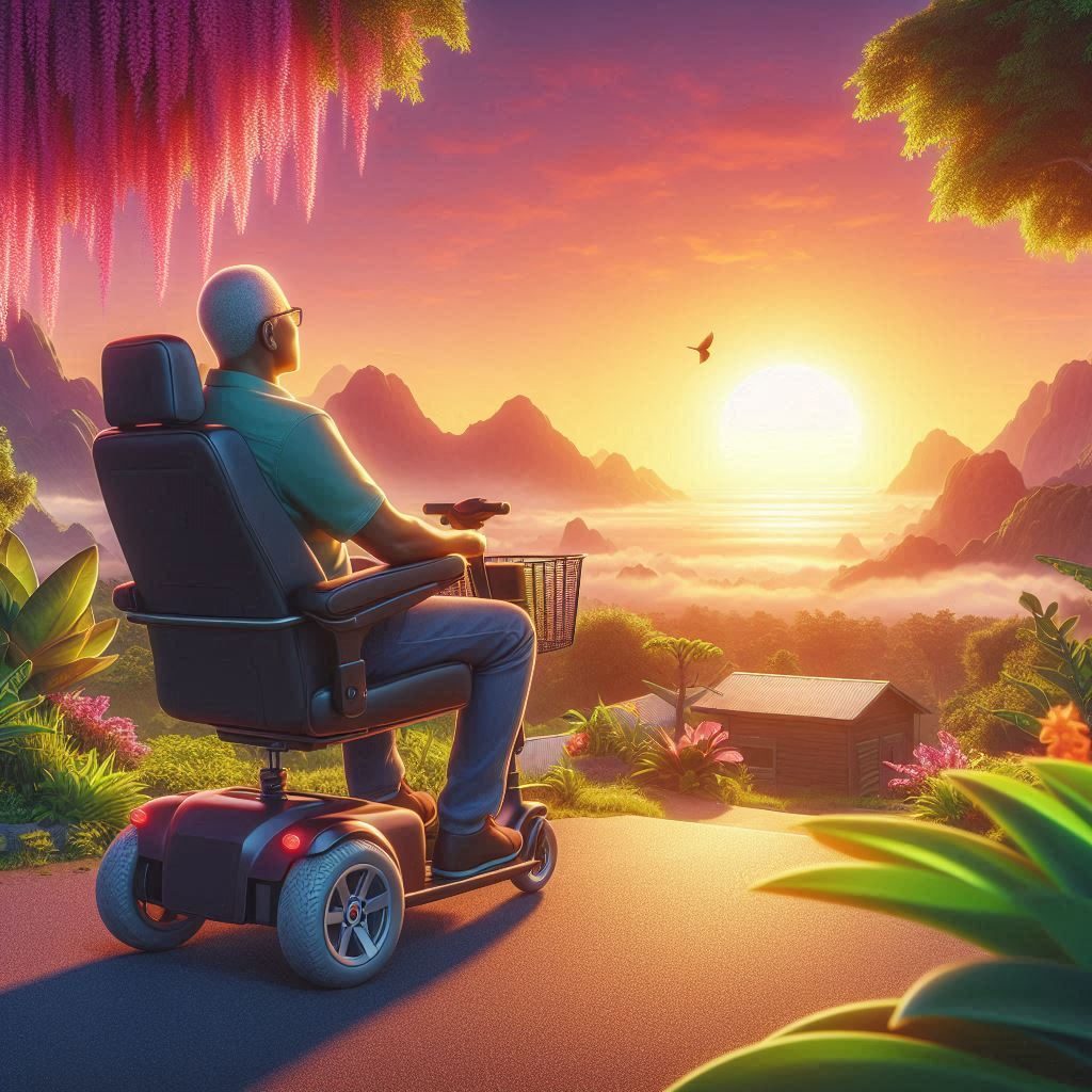 a person on a mobility scooter watching sunrise