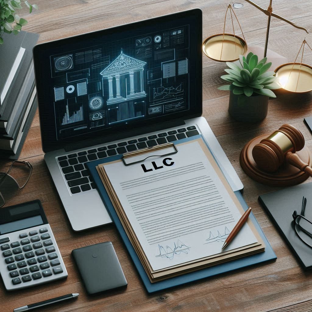 A laptop, and paper with LLC marking on it