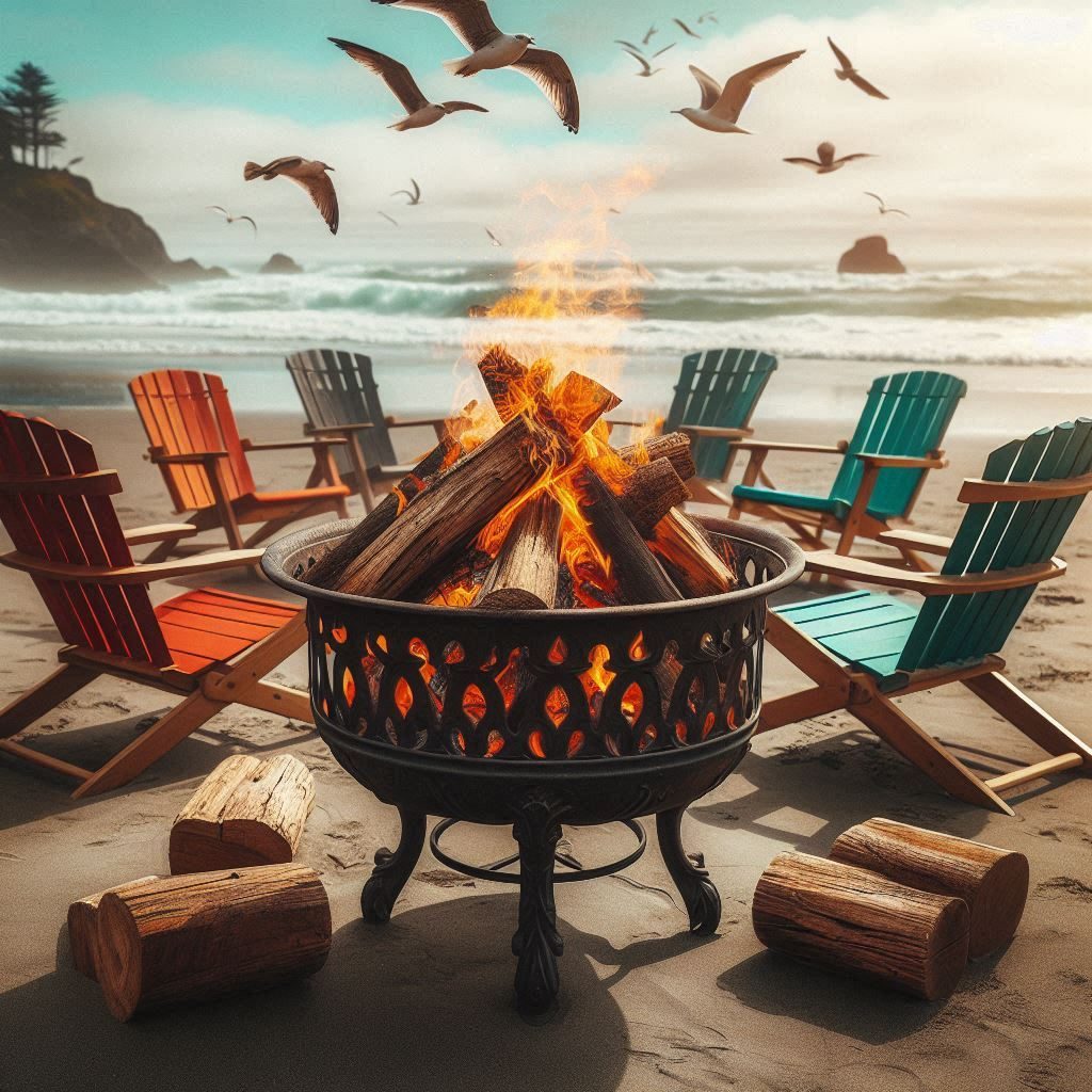 an iron fire pit and several chairs on the beach