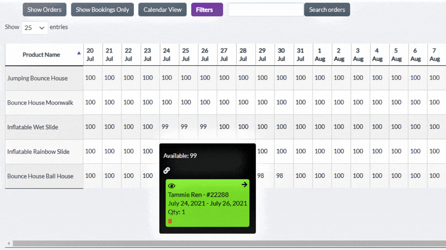 Rental Booking Inventory management calendar with quick booking view screenshot