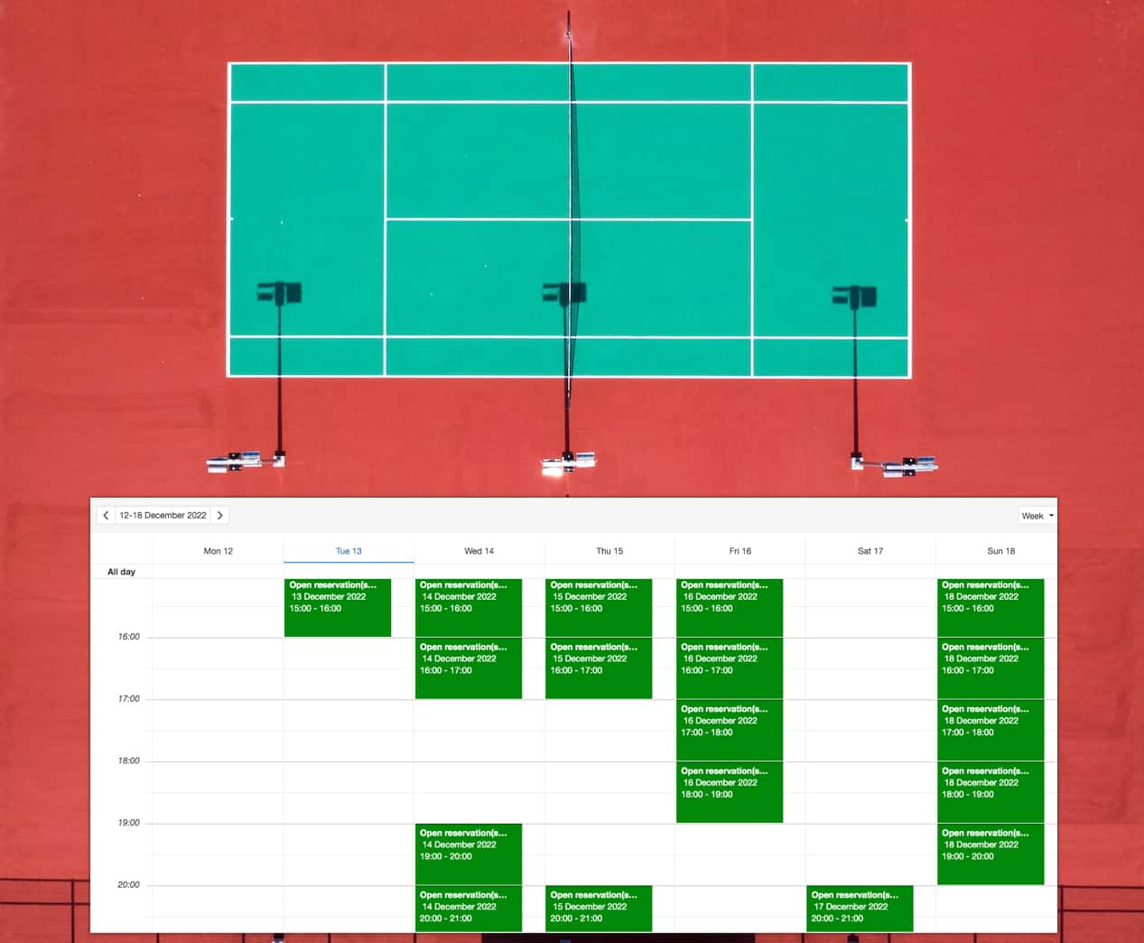 Reservation calendar for tennis court rentals
