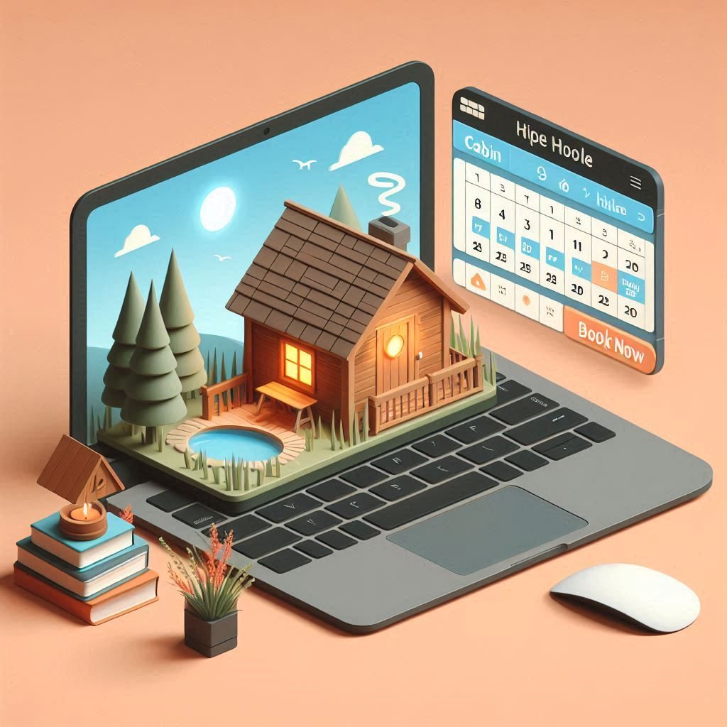 A laptop, cabin, calendar, and a "book now" button